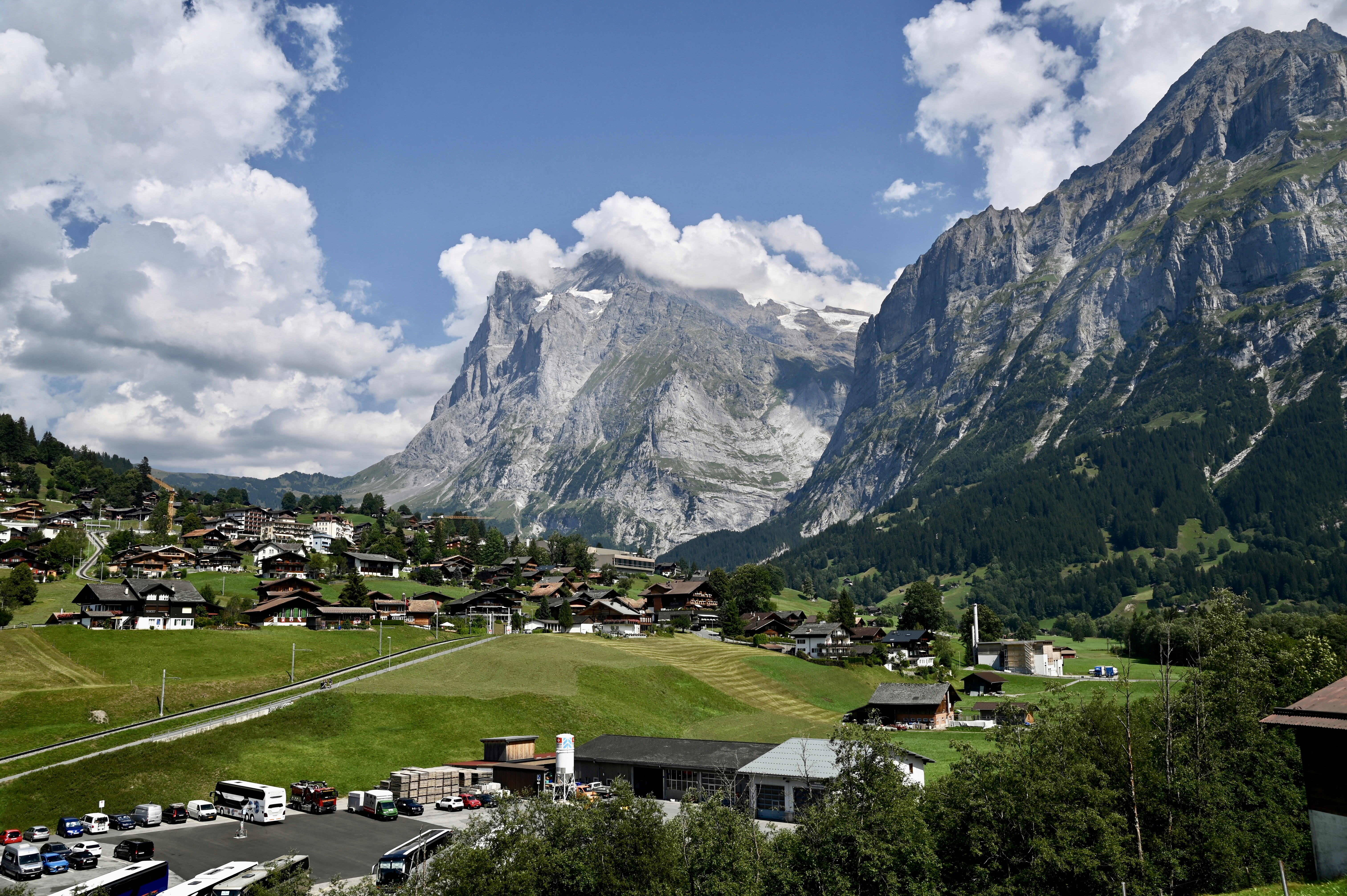 Swiss alps with village below